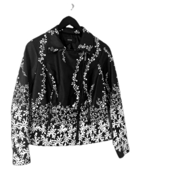Alfani Jackets & Blazers - Alfani Floral Faux Leather Women Jacket Navy Blue and White Sz XS